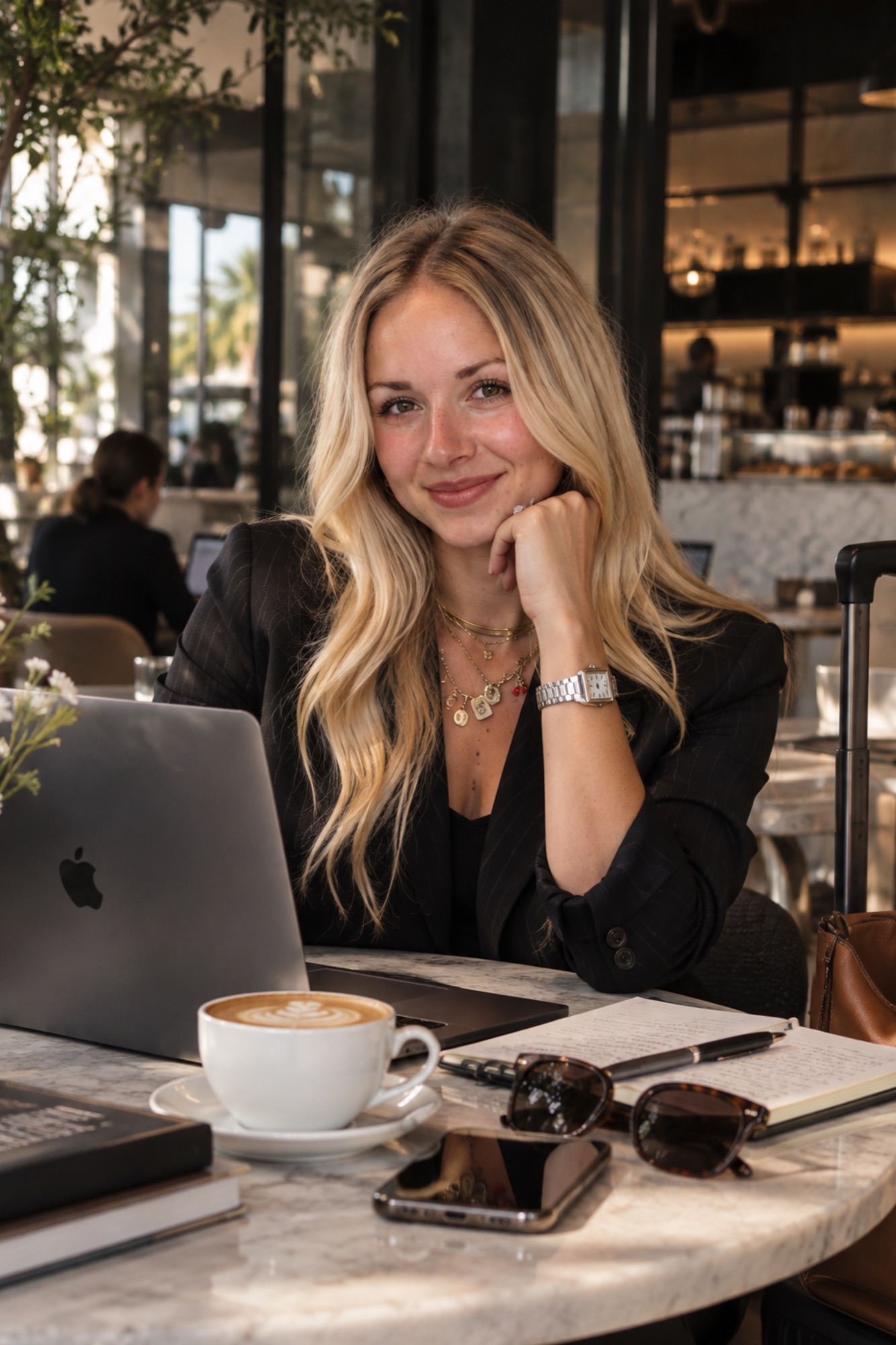 Gabby working at a cafe table