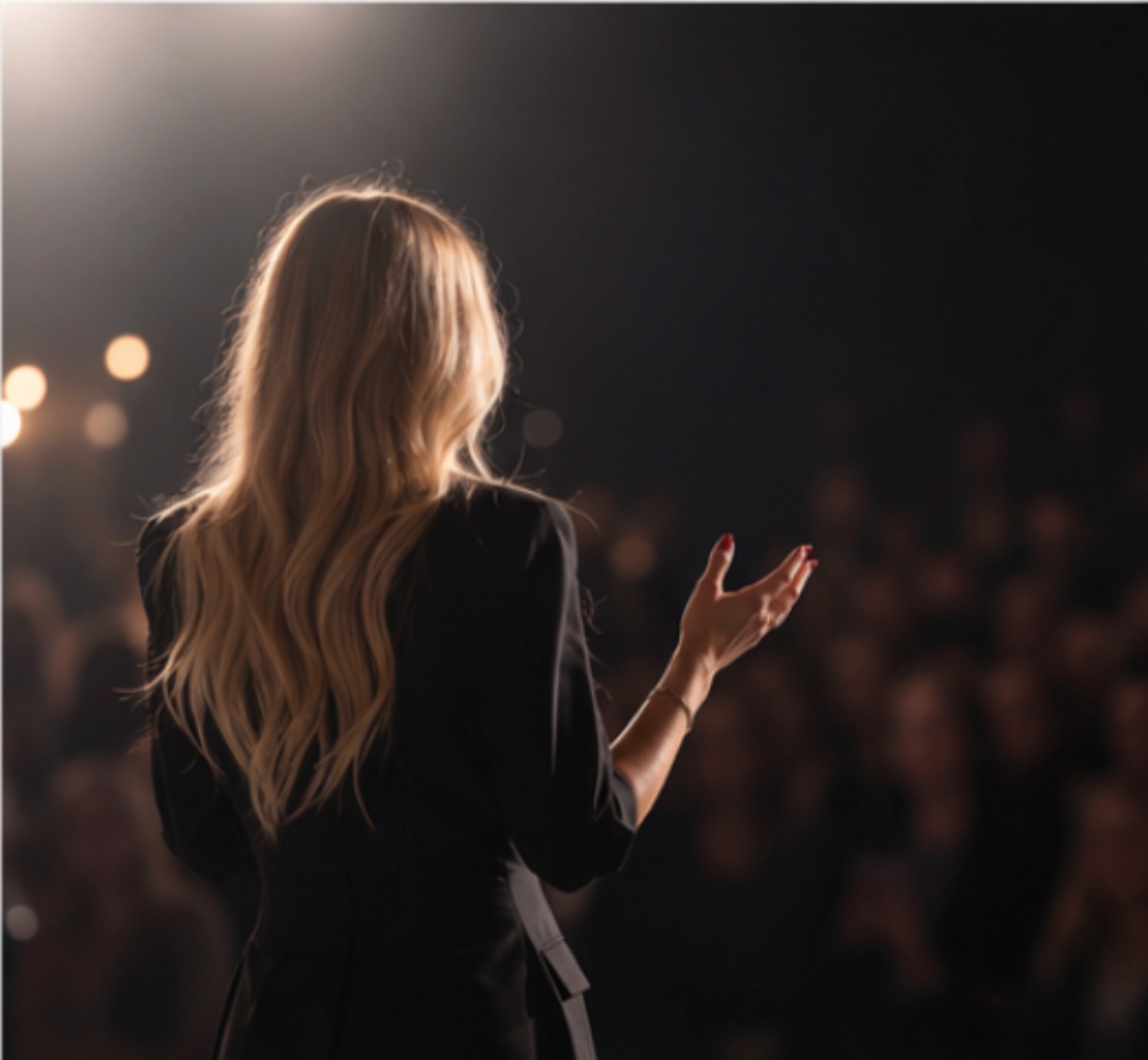 Gabby addressing a room from the stage